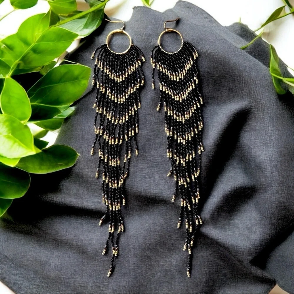 Black and Gold Glass Beaded Chandelier Earrings with Cascading Feather Design